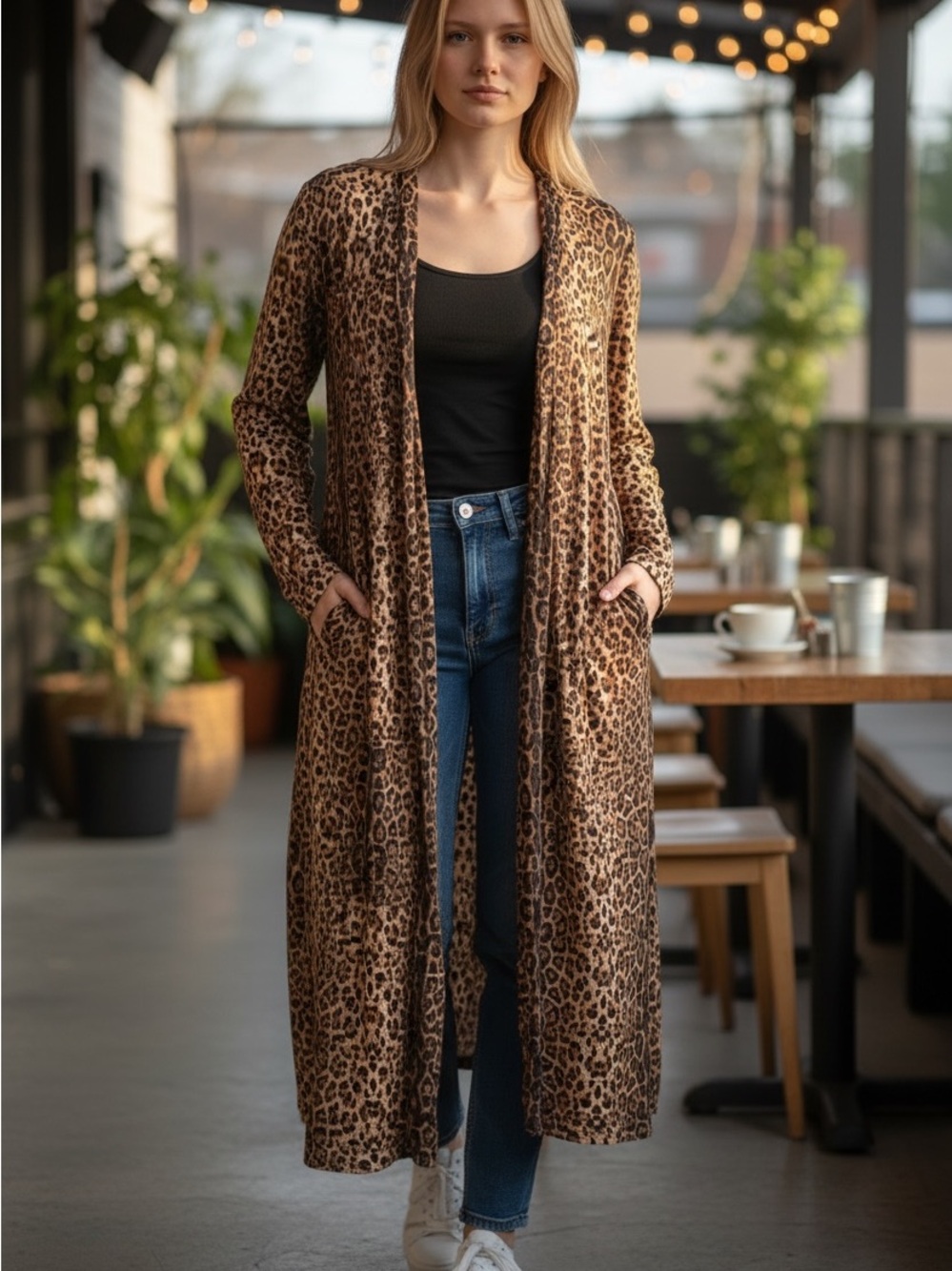 Leopard Print Long Trench Coat - Brown